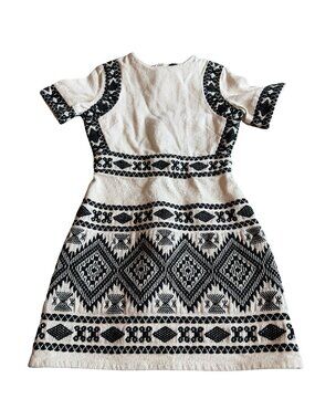 Topshop White Black Aztec Tribal Print Embroidered Mini Dress SIze 2 Women's
